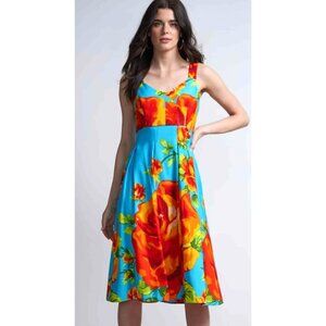 New York & Company Blue‎ Floral Midi Dress Size Small Vibrant Color Print